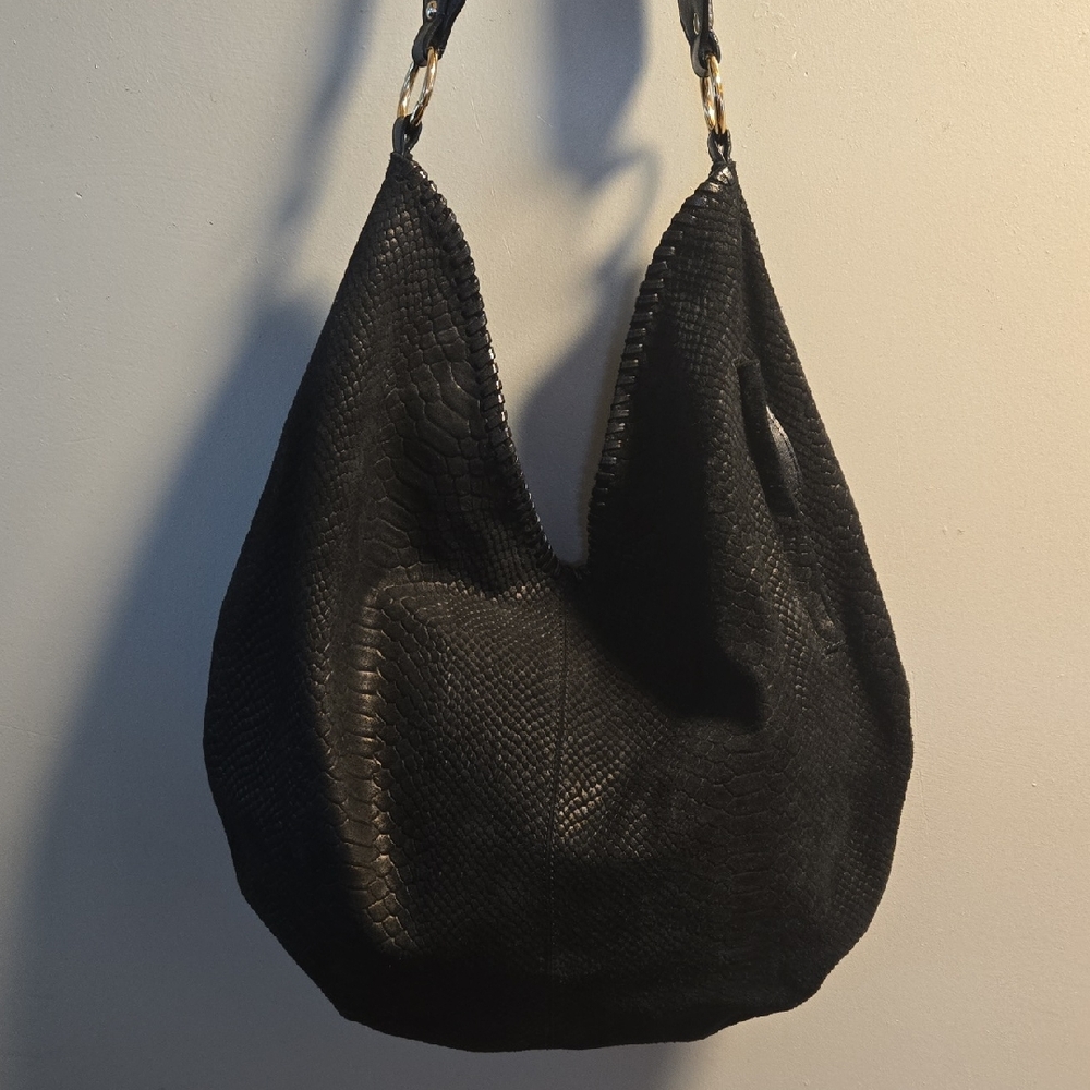Sharif Suede Embossed Croc Black Hobo Bag